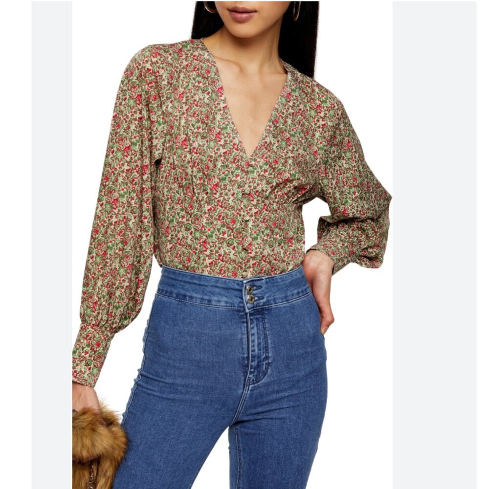 Topshop Corset Style Puff Sleeve Floral Peasant Blouse Size 4